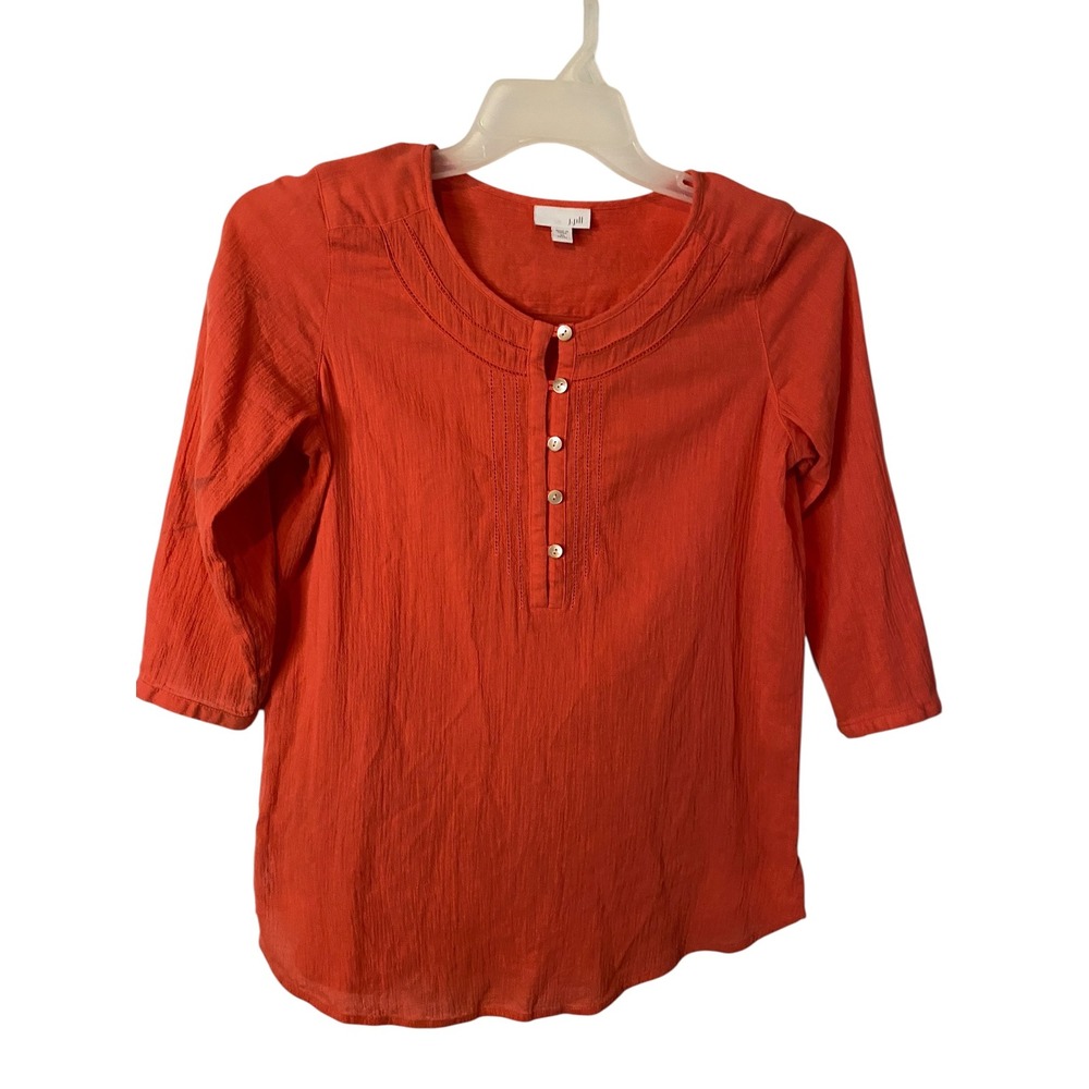 J Jill Womens Orange Cotton Tunic Blouse 3/4 Sleeve XS Petite Pintuck Top